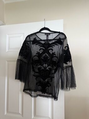 INC International Concepts Black Sheer Velvet Appliqué Bell Sleeve Blouse